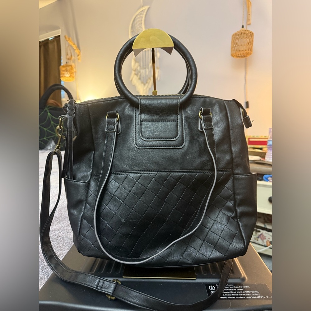 Women’s Classic Black Vegan Leather Convertible Quilted Tote Bag